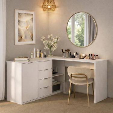 Imagem de Penteadeira em L ou Extensível sem Espelho 4 Gavetas 1 Porta 2 Nichos Elegance Yescasa Branco