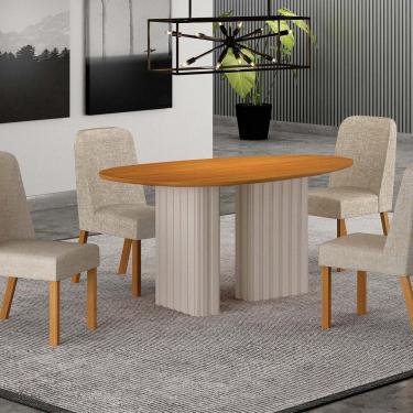 Imagem de Conjunto Sala de Jantar 4 Cadeiras Isis Tampo Orgânico Mdf 135cm Off White/ Palha