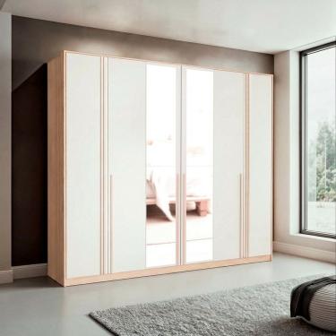 Imagem de Guarda-roupa Casal 6 Portas com Espelho Marseille Carvalho Marrom/ OFF White