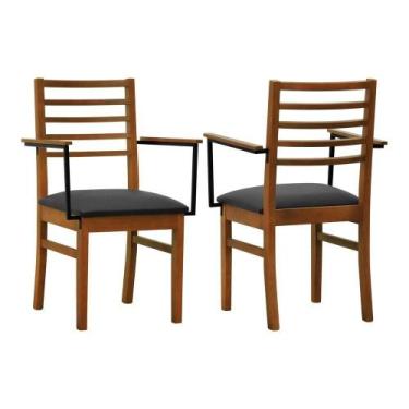 Imagem de Kit 2 Cadeiras Tiê Madeira Maciça Encosto Ripado C-braço Metal - Amênd