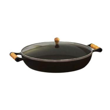 Imagem de Frigideira Ferro Fundido Com Tampa Vidro Alças Madeira 28 Cm - Libanez