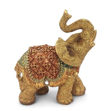 Imagem de Estátua Elefante Dourado Brilhante e Detalhes Coloridos 16cm