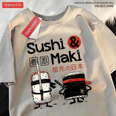 Imagem de Camiseta Unissex De Algodão Com Estampa De Sushi, Corte Solto, Tops Da