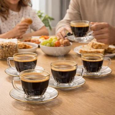 Imagem de Conjunto 4 Xícaras de Café Vidro Cristalle com Pires Borda Dourada 90m