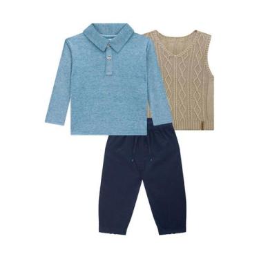 Imagem de Trio Conjunto Roupa Infantil Menino Camiseta Polo Manga Longa Colete C