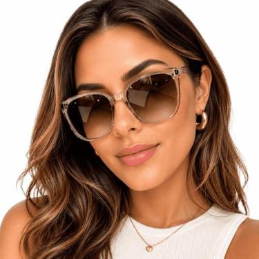 Imagem de Óculos De Sol Feminino Oversized Quadrado Com Proteção Uv400 Marrom - 