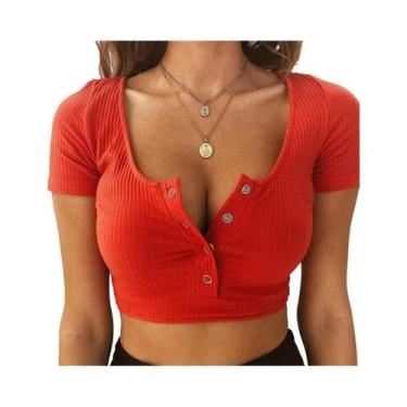 Imagem de Blusa Cropped Feminina De Manga Curta Elegante Lisa Básica Com Faixa E