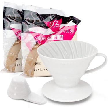 Imagem de Kit Hario V60-02 com Coador de Acrílico Branco e 200 Filtros Naturais