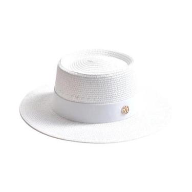 Imagem de Chapéu De Sol Feminino De Palha Para Verão Com Aba Reta E Fita  Boné D