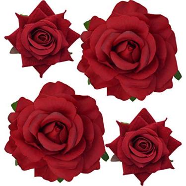 Imagem de Topbuti Grampo de cabelo rosa flor grampo de cabelo grampos florais, 4 peças de tecido flores rosas grampos de cabelo mexicano flores pin up headpieces para mulher menina festa de casamento dia das