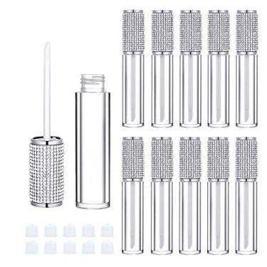 Imagem de Pacote com 10 tubos de cristal de strass para brilho labial, 5 ml recipientes vazios para brilho labial, frascos de batom para brilho labial com rolhas de borracha para faça você mesmo, protetor labial, cosméticos, negócios (diamante prateado)