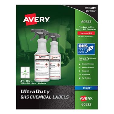 Imagem de Avery Rótulos químicos Ultra Duty GHS para impressoras a jato de tinta de pigmentos, à prova d'água, resistente a UV, 8,8 cm x 12,7 cm (60523), branco, 8,8 cm x 12,8 cm
