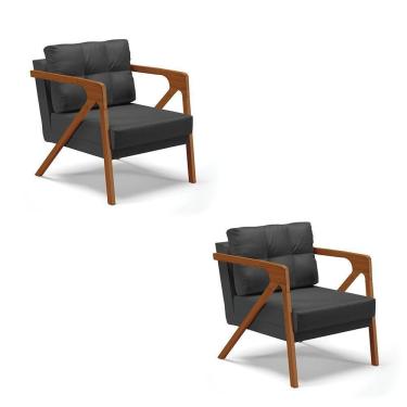 Imagem de Kit 02 Poltronas Corino Preto Base De Madeira Castanho