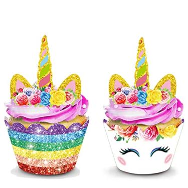 Imagem de QMZ — Conjunto de 32 peças de cobertores de cupcake de unicórnio e envoltórios duplos para decoração de festa e chá de bebê de aniversário para crianças