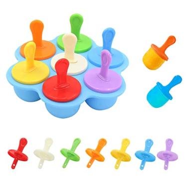 Imagem de Moldes para bandejas de cubos de picolé de silicone Mini 7 cavidades DIY molde pop com palitos de plástico coloridos Bandejas de cubos de gelo Mini moldes de bolo Recipiente de armazenamento de comida
