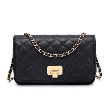 Imagem de HAKSIM Bolsa feminina preta acolchoada treliça bolsa de ombro pequena transversal com alça de corrente de couro, Preto