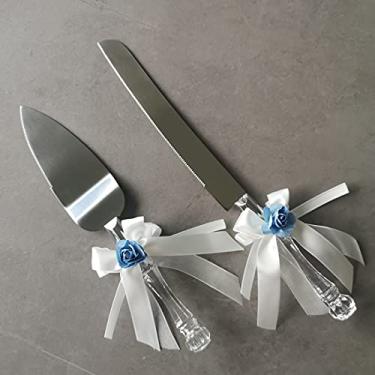 Imagem de Conjunto de faca de bolo e servidor de cristal sintético gravado para aniversário, lembrança de casamento (azul-turquesa)