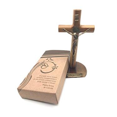 Imagem de CRUCIFIXO DE PAREDE E MESA MADEIRA CILÍNDRICO SÃO BENTO DOURADO 17 CM