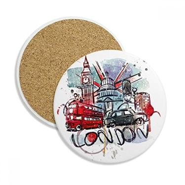 Imagem de London Bus Big Ben UK Landmark Caneca porta-copos aquarela com proteção de mesa Pedra absorvente