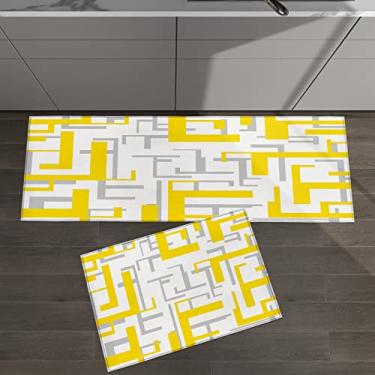 Imagem de Conjunto de 2 tapetes de cozinha com padrão geométrico moderno amarelo cinza branco para tapetes acolchoados e tapetes antiderrapantes absorventes corredor confortável tapete de pé