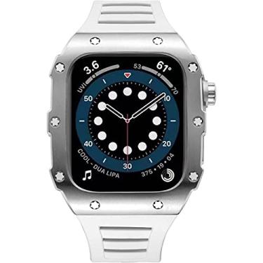 Imagem de MGTCAR Caixa de relógio de aço inoxidável, para Apple Watch Band Series 8 7 6 SE 5, kit de modificação 45mm 44mm caixa de metal pulseira de relógio de borracha tática proteção total para homens (cor: WS, tamanho: 45mm para 8/7)