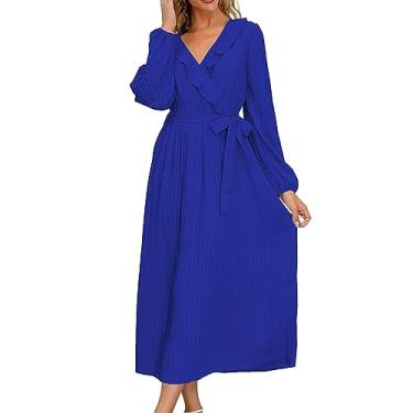 Imagem de UIFLQXX Vestido longo feminino plus size outono/inverno novo vestido com babados decote em V manga longa plissado vestido evasê, Azul, M