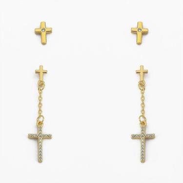 Imagem de Dupla Brinco Cruz Cravejado Com Zircônia Banhado A Ouro 18k