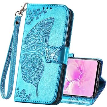 Imagem de Capa de telefone carteira para Samsung Galaxy S10e, feminina, flip fólio, couro PU, capa protetora com alça de pulso, compartimentos para cartões, bolso em relevo borboleta flor, suporte flip para Samsung Galaxy S10e, azul