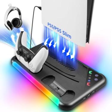 Imagem de TECTINTER Suporte e estação de resfriamento PS5 Slim/PS5, LED RGB de 3 níveis e 8 com carregador para controle PS 5 e Edge, design de estação de resfriamento PlayStation5 para PlayStation 5/Slim Disc