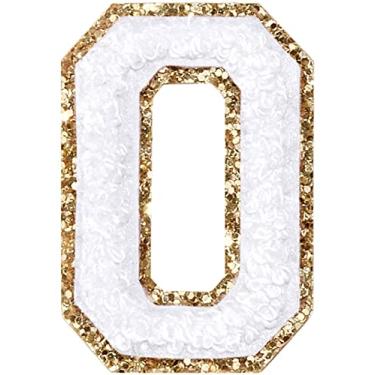 Imagem de 3 Pçs Chenille Letter Patches Ferro em Patches Glitter Varsity Letter Patches Bordado Borda Dourada Costurar em Patches para Vestuário Chapéu Camisa Bolsa (Branco, O)