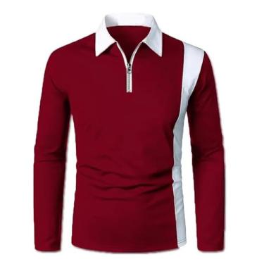 Imagem de Camisa polo masculina combinando com metade da frente, zíper frontal, gola redonda, pulôver, Vinho tinto, 3G