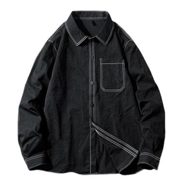 Imagem de Camisa jeans masculina de manga comprida estampada com gola aberta e botões frontais, Preto, XXG