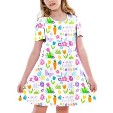 Imagem de Deerose Vestidos de Páscoa para meninas manga curta verão tropical camiseta vestido 5-14 anos, Branco Páscoa, 5-6 Anos