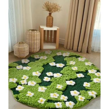 Imagem de Ouyattle Lindo tapete de banheiro verde floral grande tapete de banho 9 m antiderrapante lavável, moderno chique boho estética moderna moderna funky microfibra felpudo tufado tapetes de grama para