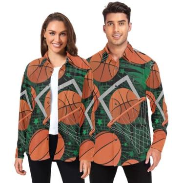 Imagem de Camisa de botão masculina manga longa para mulheres média com bolsos jogador de basquete grunge esportes preto verde, Jogador de basquete Grunge Sports Preto Verde, M