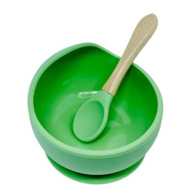 Imagem de tigela em silicone com ventosa e colher com cabo de madeira (VERDE)