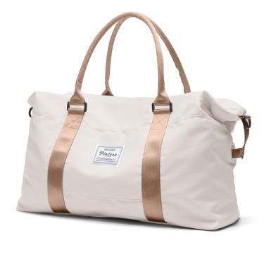 Imagem de Bolsa esportiva de viagem, bolsa esportiva de ginástica, bolsa de ombro para noite de fim de semana para mulheres, Bege e marrom, Extra Large, Bolsa de viagem extragrande