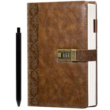 Imagem de CAGIE Diário vintage com cadeado 256 páginas diário de couro com cordão lombada em relevo capa dura diário bloqueado com caneta, diário de bloqueio de 17 x 23 cm para adultos, mulheres e homens, preto