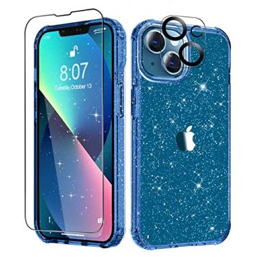 Imagem de MIODIK Capa para iPhone 13 com protetor de tela + protetor de lente de câmera, capa de telefone protetora à prova de choque com glitter transparente, não amarelado para mulheres meninas iPhone 13 capa 6,1" - azul claro