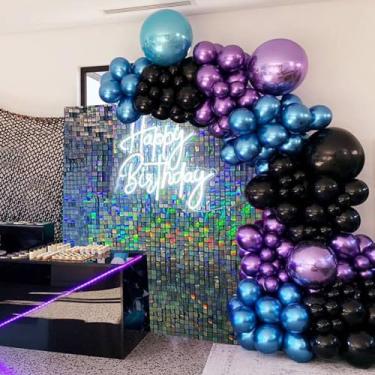 Imagem de Kit de arco de guirlanda de balão preto azul cromado metálico - Balões metálicos de folha 4D de 55,88 cm compatíveis com videogame, festa de aniversário, chá de bebê