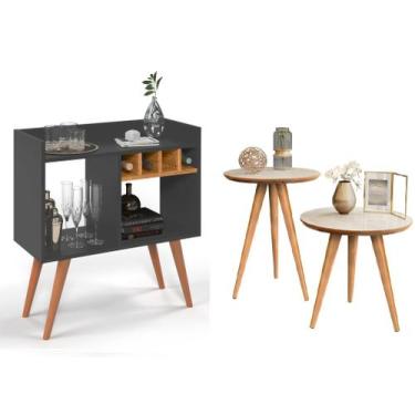 Imagem de Aparador Buffet Bar com Adega Rubi Cinza+ Conjunto de Mesas Apoio e La