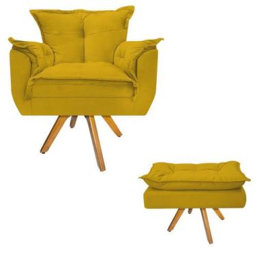 Imagem de Kit Poltrona e Puff Opala Base Giratória de Madeira Suede Amarelo - DA