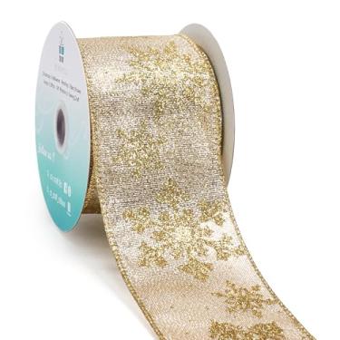 Imagem de CT CRAFT LLC Tecido metálico dourado champanhe com fita dourada com fio de floco de neve 6 cm x 10 metros para decoração de casa de Natal, enfeite de árvore, laço, embrulho de presente, guirlanda de