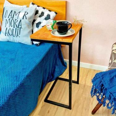 Imagem de Mesa Lateral de Apoio para Sofá Style Industrial de Ferro e Madeira Ca