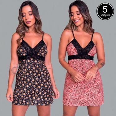 Imagem de Kit 5 Camisolas Liganete Estampada Detalhe Renda Feminina - WLS Modas,