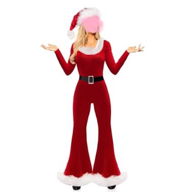 Imagem de Owl's-Yard Conjunto de macacão feminino de manga comprida de luxo de Natal e chapéu de Papai Noel, roupas de festa cosplay de Natal (A-vermelho, P)