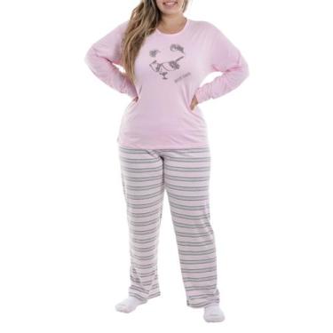 Imagem de Pijama de Inverno plus size Feminino Suede Listrado Victory, 48, Rosa