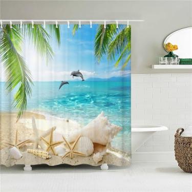 Imagem de Praia Mar Palmeiras Cortinas de Chuveiro Cenário Cortinas de Banheiro Impermeáveis Com Ganchos Decoração de Casa Tela de Banho Lavável, 5450L, L210xA180cm