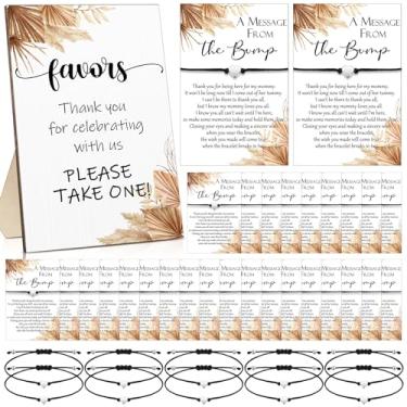 Imagem de Thyle Conjunto de 50 lembrancinhas de chá de bebê para convidados 50 pulseiras ajustáveis de coração 50 mensagens do bump cartão 1 placa de jogo de chá de bebê de madeira jogos de chá de bebê