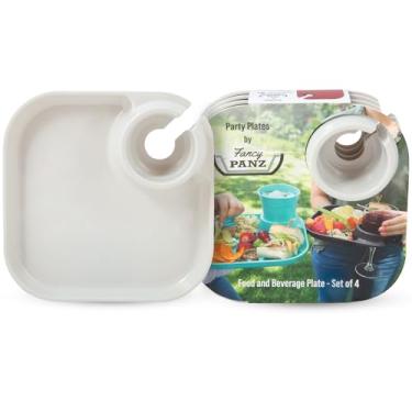 Imagem de Fancy Panz Pacote com 4 pratos brancos de festa com suporte para taças – Pratos reutilizáveis para festas – Prato de plástico feito nos EUA com suporte de copo embutido – Essenciais de hospedagem e
